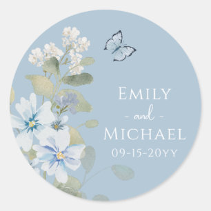 Romantisch Dusty Blue Waterverf Bloemen Huwelijk Ronde Sticker