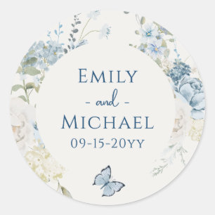 Romantisch Dusty Blue Waterverf Bloemen Huwelijk Ronde Sticker