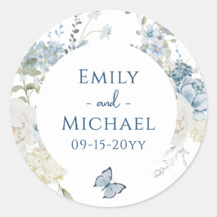 Romantisch Dusty Blue Waterverf Bloemen Huwelijk Ronde Sticker