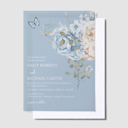 Romantisch Dusty Blue Waterverf Bloemen Huwelijk Vellum Uitnodigingen (Offset)