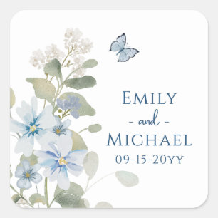 Romantisch Dusty Blue Waterverf Bloemen Huwelijk Vierkante Sticker