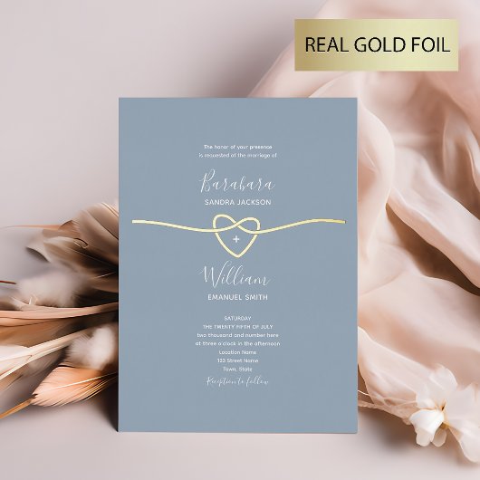 Romantisch Dusty Blue Wedding Gold Folie Uitnodiging