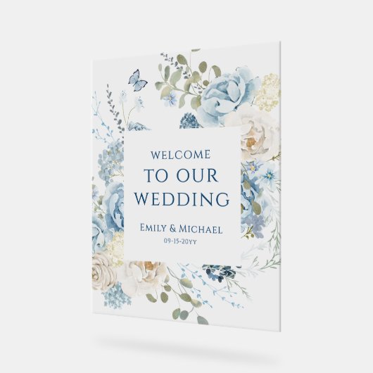 Romantisch Dusty Blue Welkom Bloemen Huwelijk Acryl Bord (Hoek)