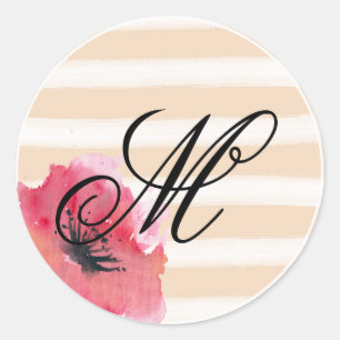 Romantisch Eenvoudige Strepen Floral Monogram Scri Ronde Sticker