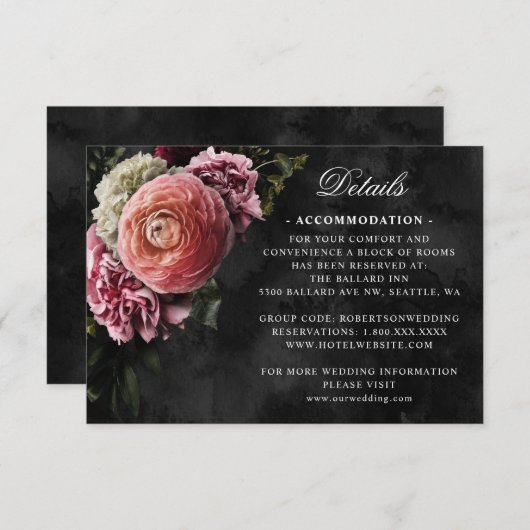 Romantisch en Moody Roze Boeket op Zwarte Details RSVP Kaartje (Voorkant / Achterkant)
