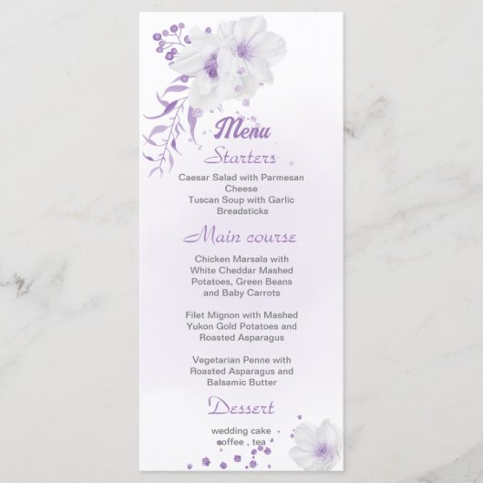 romantisch en wit paars brutaal trouwmenu menu (Voorkant)