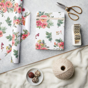 Romantisch Feestelijke Bloemen & Pijnbomen kerst Cadeaupapier