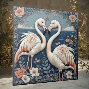 Romantisch Flamingo Koppel Art Deco Blauwe Vijver  Tegeltje