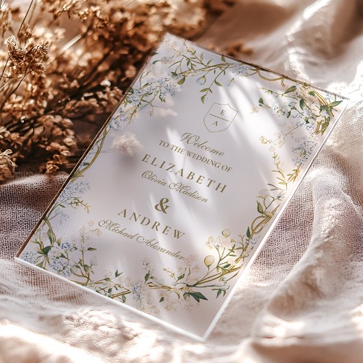 Romantisch Floral Wedding Design met Monogram Cres Acryl Uitnodigingen