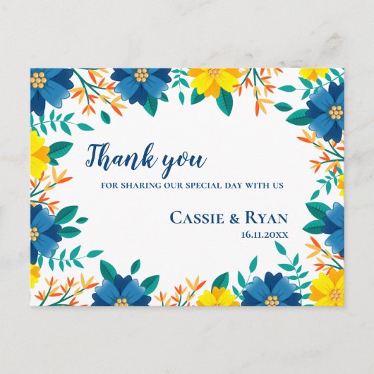 Romantisch Geel Blauw Bloemen Huwelijk Dank u Briefkaart (Voorkant)
