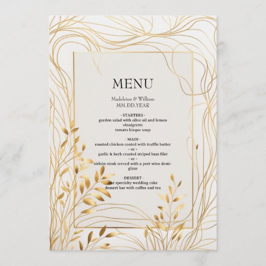 Romantisch goud en eucalyptus bruiloft menu (Voorkant)
