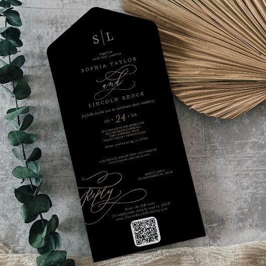 Romantisch Goud en Zwart Monogram QR Code Bruiloft All In One Uitnodiging