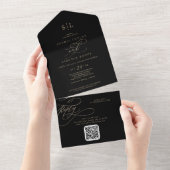 Romantisch Goud en Zwart Monogram QR Code Bruiloft All In One Uitnodiging (Afscheurbaar)