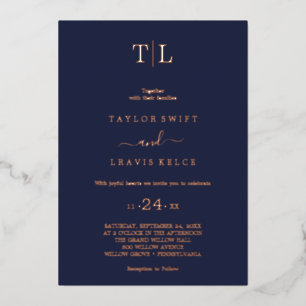 Romantisch goud folie navyblauw monogram trouwen  uitnodiging