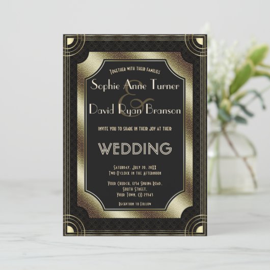 Romantisch Goud Great Gatsby Art Deco 20s Bruiloft Kaart (Staand voorkant)