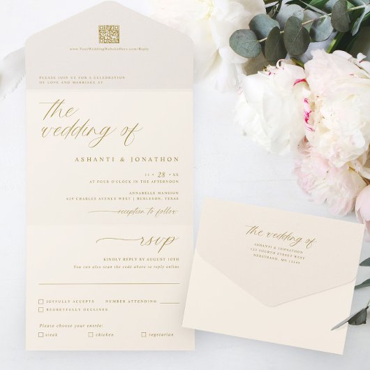 Romantisch Goud Ivoor Delicaat Script Bruiloft All In One Uitnodiging