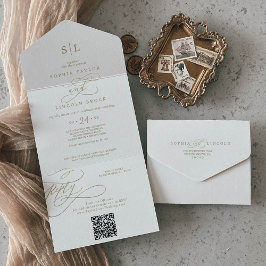 Romantisch Gouden Kalligrafie Monogram QR Code Bru All In One Uitnodiging