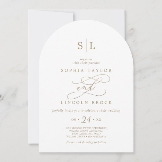 Romantisch Gouden Monogram Dubbelzijdige Boog Huwe Kaart (Voorkant)