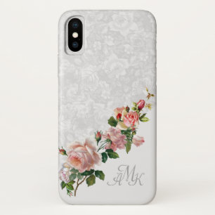 Romantisch Grijs Bloemen met Roze Rozen en Monogra iPhone X Hoesje