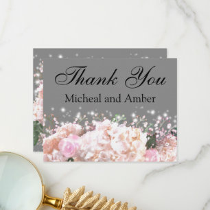 Romantisch grijs & wit kant hortensia's roze rozen bedankkaart