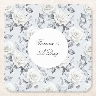 Romantisch Grijs Zilver Wit Rose Bloemen Huwelijk Vierkante Kartonnen Onderzetter