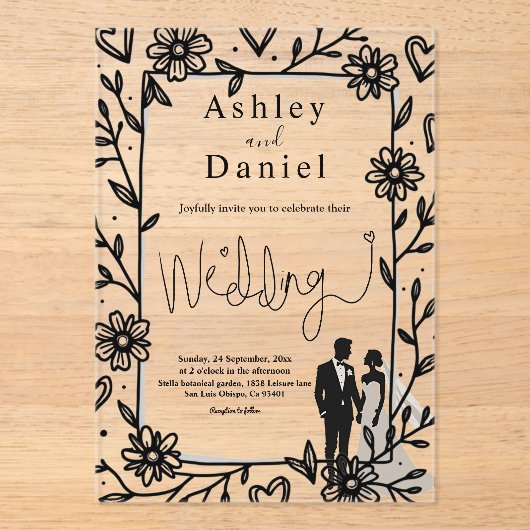 Romantisch grillig zwart-wit koppel bruiloft acryl uitnodigingen (Voorkant)