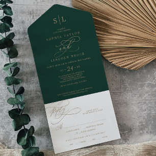 Romantisch groen kalligrafie monogram trouw alles all in one uitnodiging