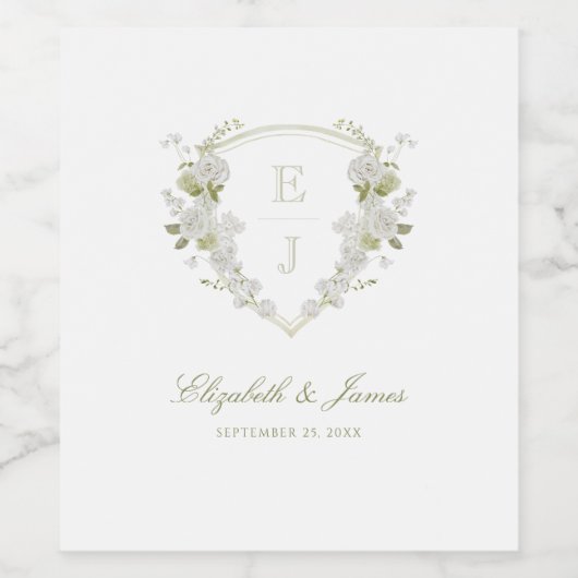 Romantisch Groen Wit Bloemen Monogram Crest Bruilo Wijn Etiket (Enkel label)