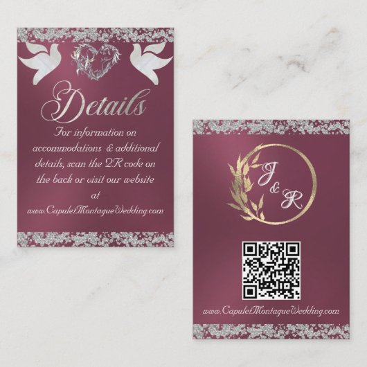 Romantisch Hart, Duif & Glitter, QR Code - Lavende Informatiekaartje (Voorkant / Achterkant)