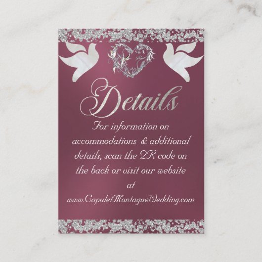 Romantisch Hart, Duif & Glitter, QR Code - Lavende Informatiekaartje (Voorkant)