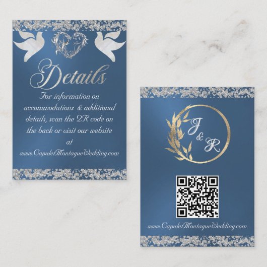 Romantisch Hart, Duif & Glitter, QR Code op Blauw Informatiekaartje (Voorkant / Achterkant)