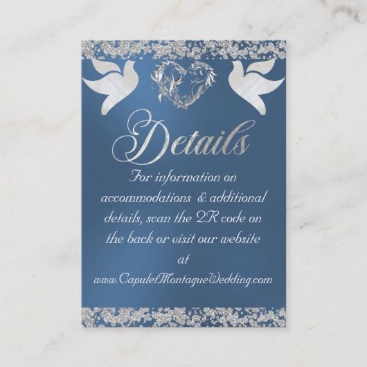 Romantisch Hart, Duif & Glitter, QR Code op Blauw Informatiekaartje (Voorkant)