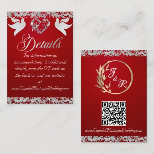 Romantisch Hart, Duif & Glitter, QR Code op Rood Informatiekaartje (Voorkant / Achterkant)