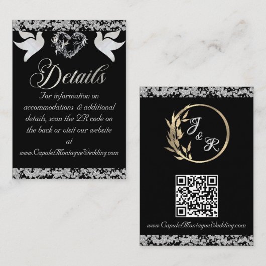 Romantisch Hart, Duif & Glitter, QR-code op zwart Informatiekaartje (Voorkant / Achterkant)