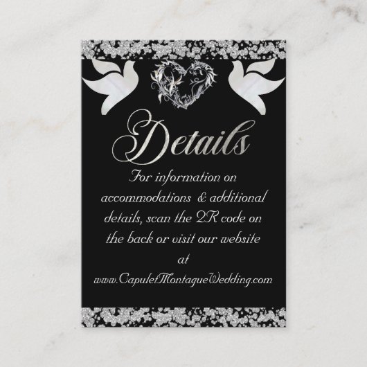 Romantisch Hart, Duif & Glitter, QR-code op zwart Informatiekaartje (Voorkant)