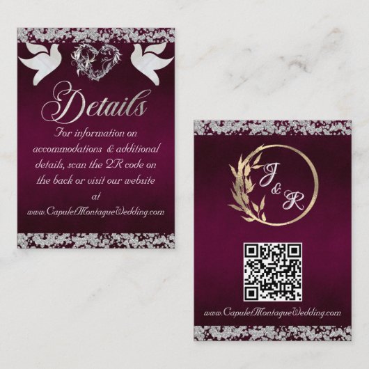 Romantisch Hart, Duif & Glitter, QR Code - Plum Informatiekaartje (Voorkant / Achterkant)