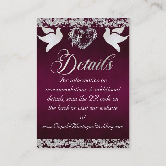 Romantisch Hart, Duif & Glitter, QR Code - Plum Informatiekaartje (Voorkant)