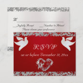 Romantisch hart, duiven en glitter - rood RSVP kaartje (Voorkant / Achterkant)