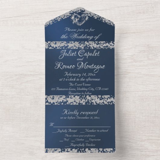 Romantisch hart en glitter op blauw all in one uitnodiging (Binnen)
