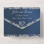 Romantisch hart en glitter op blauw all in one uitnodiging (Achterkant)