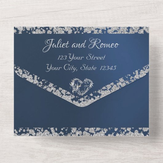 Romantisch hart en glitter op blauw all in one uitnodiging (Achterkant)