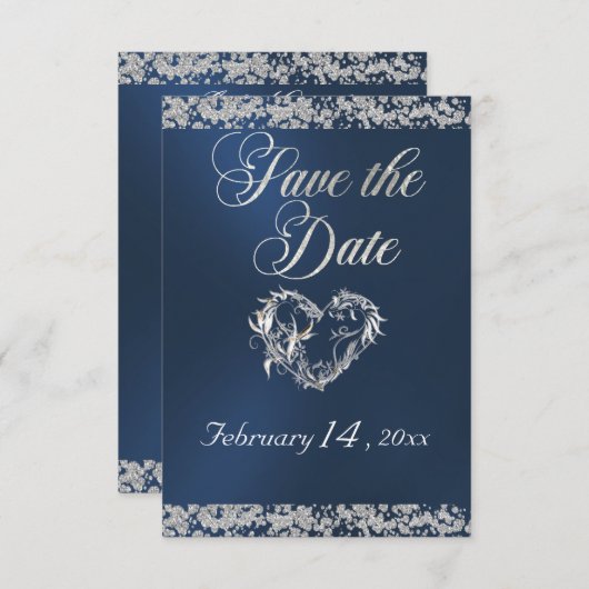 Romantisch hart en glitter op blauw save the date (Voorkant / Achterkant)