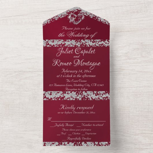 Romantisch hart en glitter op Bourgondië All In One Uitnodiging (Binnen)