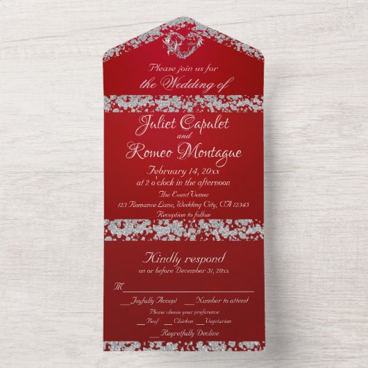 Romantisch hart en glitter op Crimson All In One Uitnodiging (Binnen)