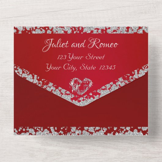 Romantisch hart en glitter op Crimson All In One Uitnodiging (Achterkant)