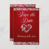 Romantisch hart en glitter op rood save the date (Voorkant / Achterkant)