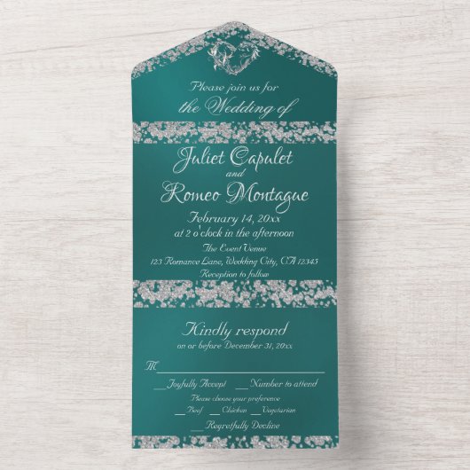 Romantisch Hart & Glitter op Blauwgroen All In One Uitnodiging (Binnen)