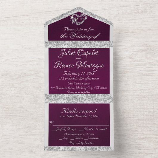 Romantisch hart, lint en glitter op pruim all in one uitnodiging (Binnen)