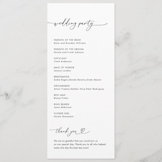 Romantisch hart script minimalistische moderne bru programma (Achterkant)