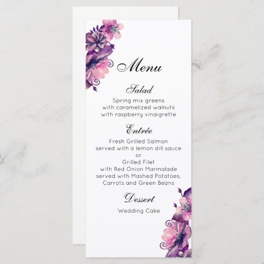 Romantisch huwelijksmenu roze. Paarse dinerkaart Menu (Voorkant / Achterkant)